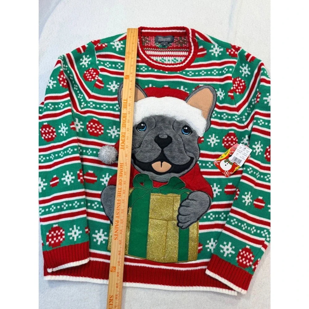 33 Degrees Mens French Bulldog Ugly Christmas Sweater Red Green Fair Isle Size M